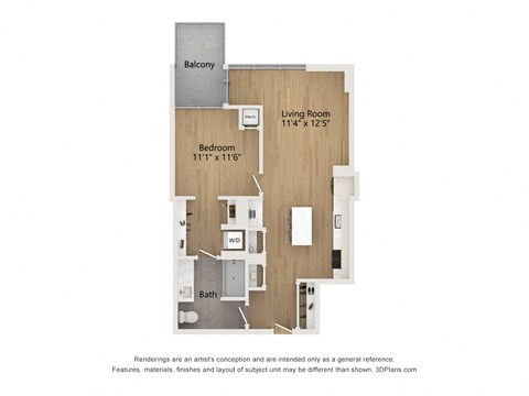 Floor plan for 1 bed, 1 bath, 734 sqft